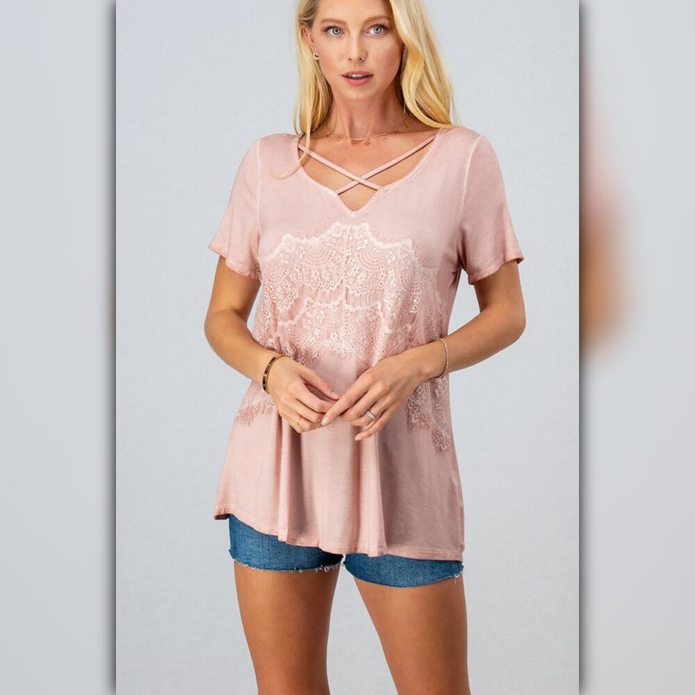 A093 β’ Crisscross Lace Trim Blouse β Short Sleeve Top